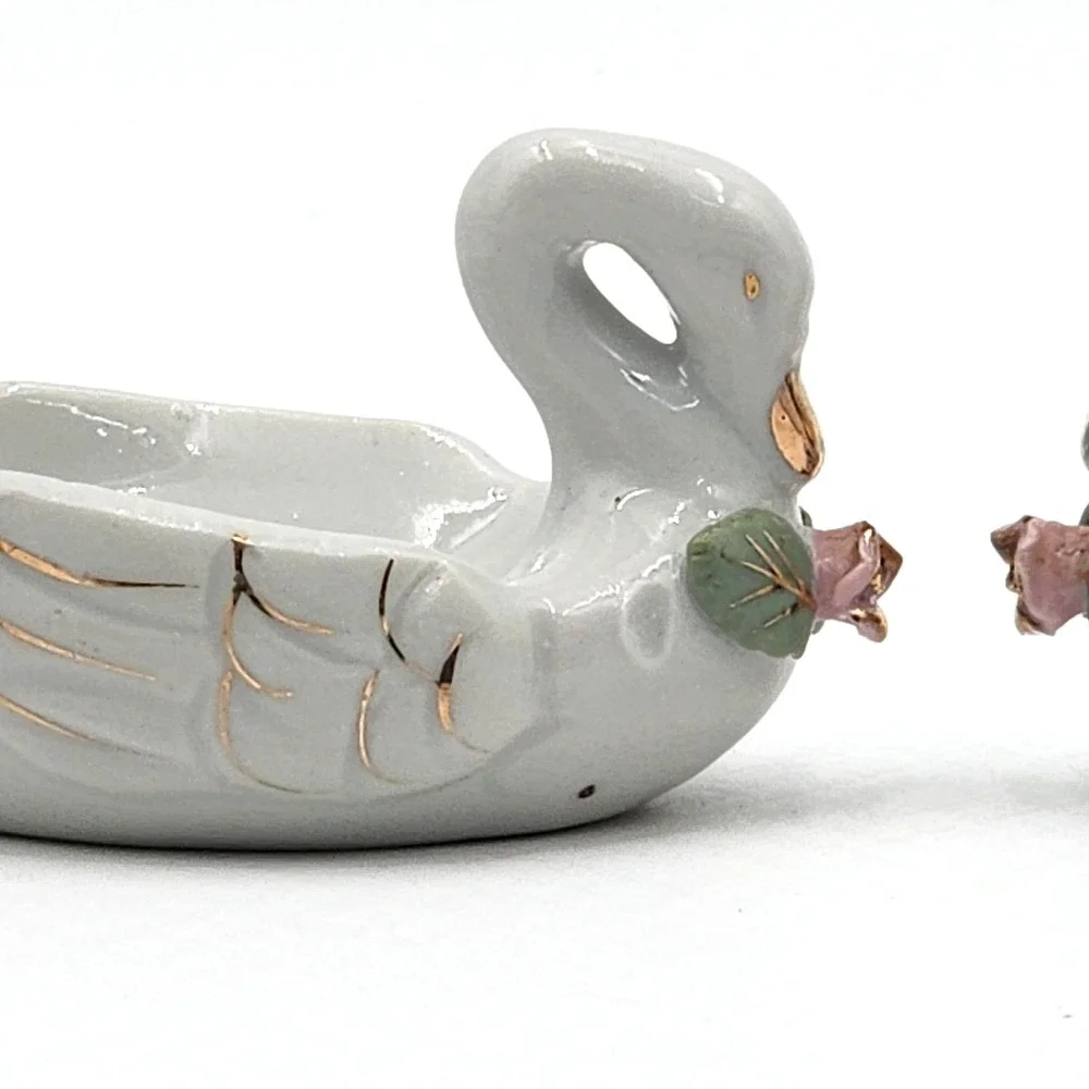White Porcelain Swan Trinket Dishes Pink Roses Gold Trim Vanity Decor Set of 2